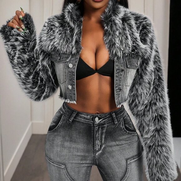 Casual Blue Women's Patchwork Denim Jacket with Faux Fur Collar - Picture 4 of 7